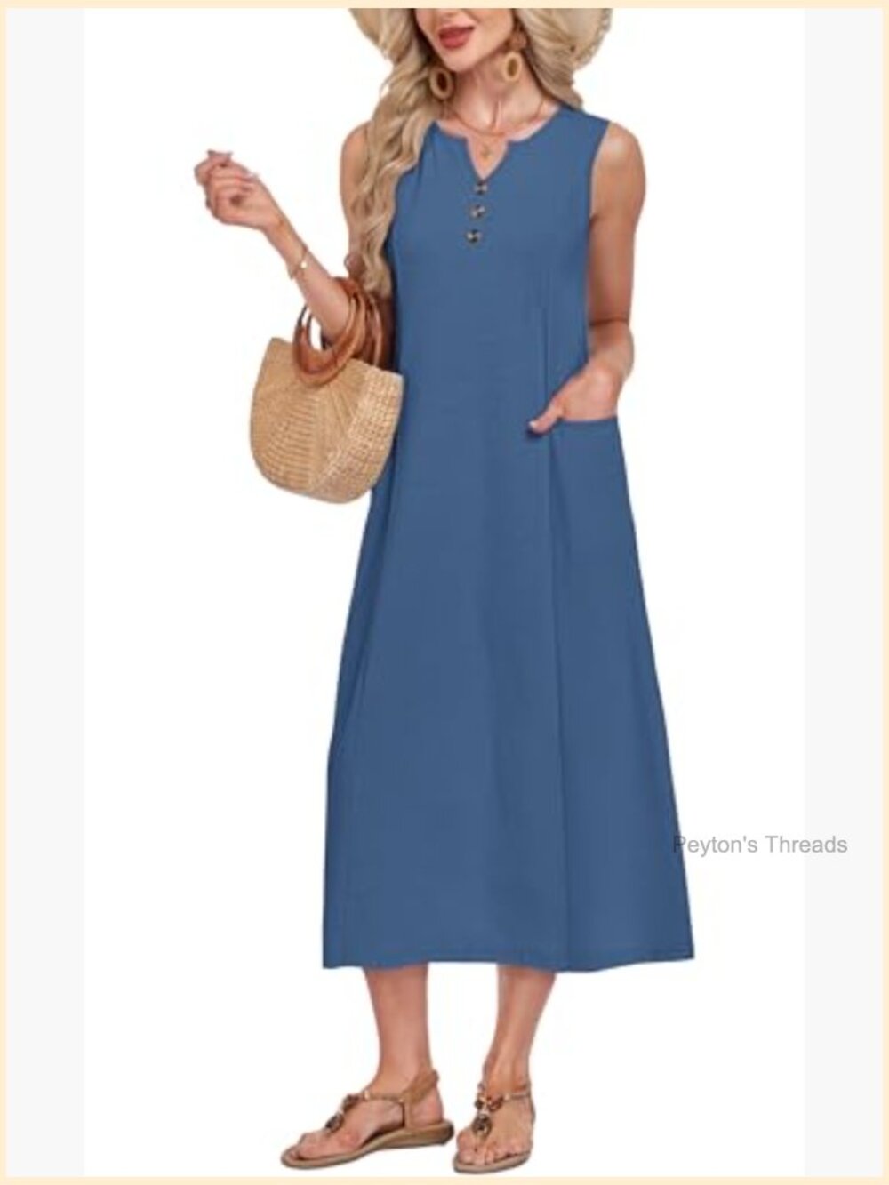 Casual Midi Dress V Neck Sleeveless Summer Beach Button Down with Pockets - Picture 2 of 7